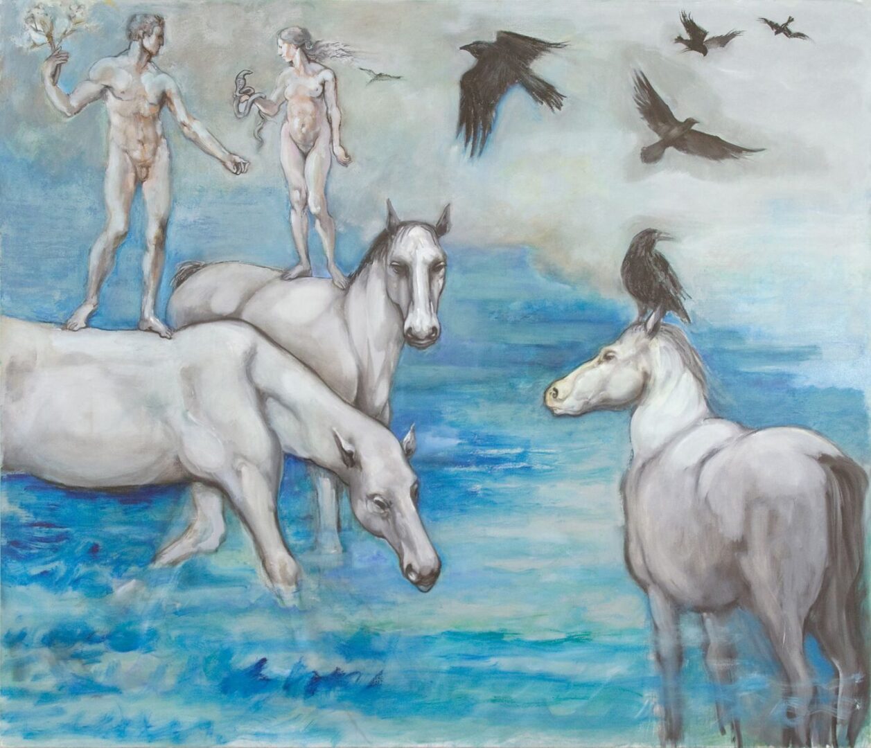 A painting of horses and birds in the water.