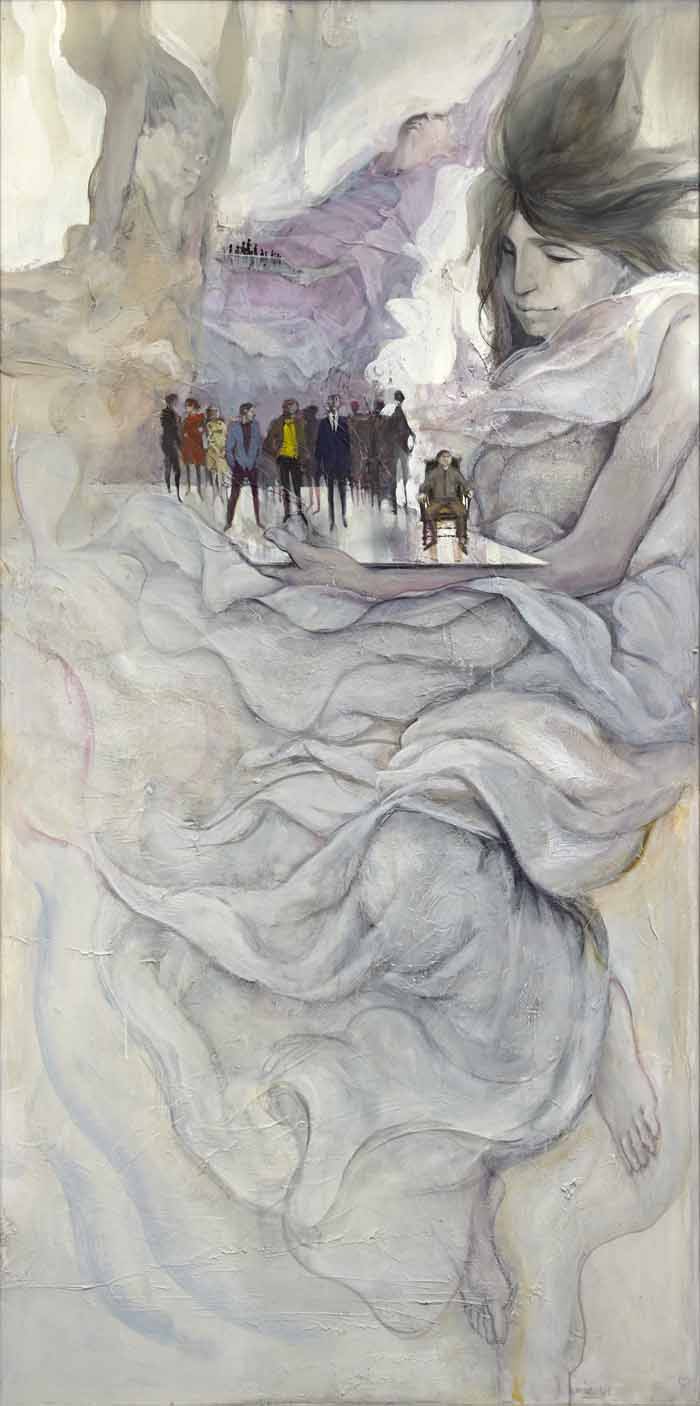 A painting of people standing on top of a mountain