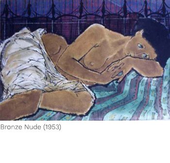 A painting of a woman laying on her stomach