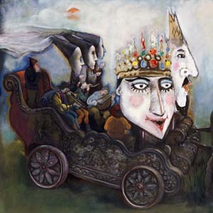 A painting of a car with people in it