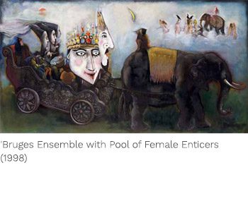 A painting of elephants and people in a carriage.