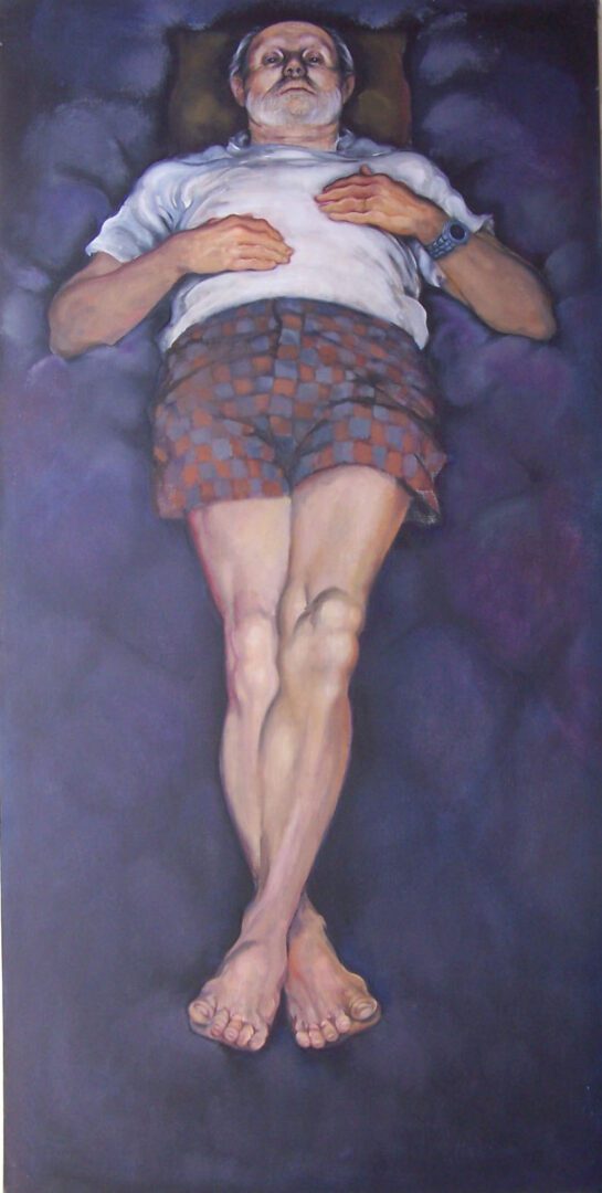 A painting of a man in shorts and polka dot shirt.