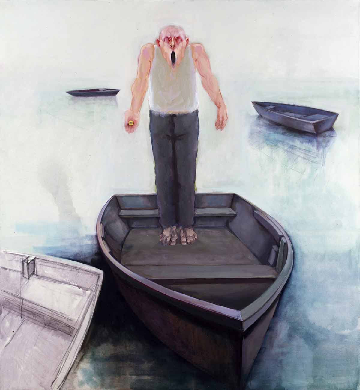 A man standing on the back of a boat in water.