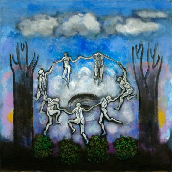 A painting of seven people in the sky