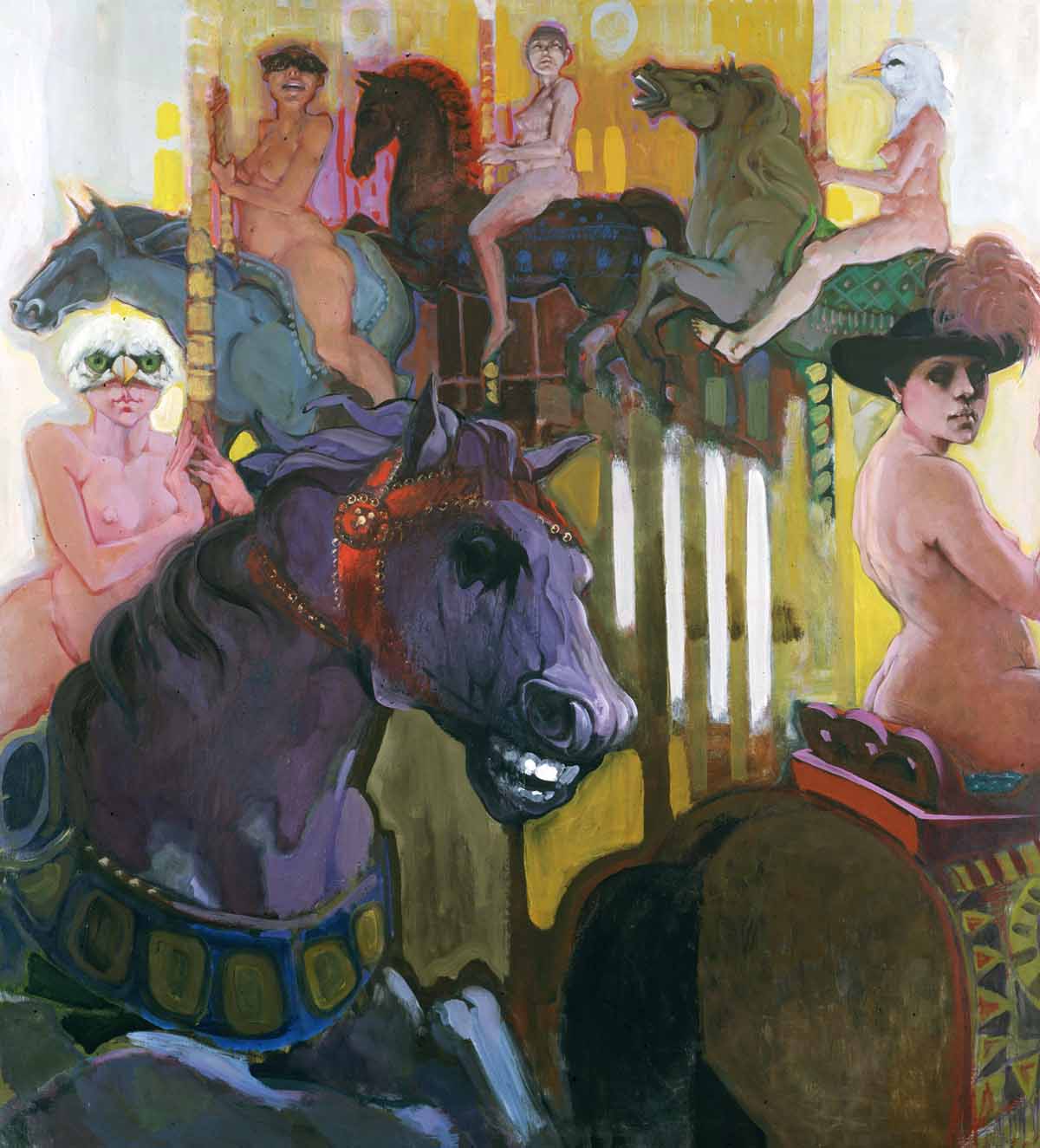 A painting of people on horses in the circus.