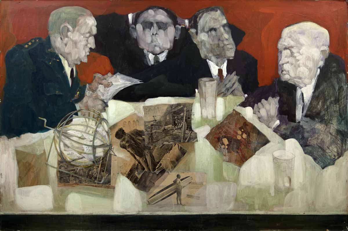 A painting of five men sitting at a table.