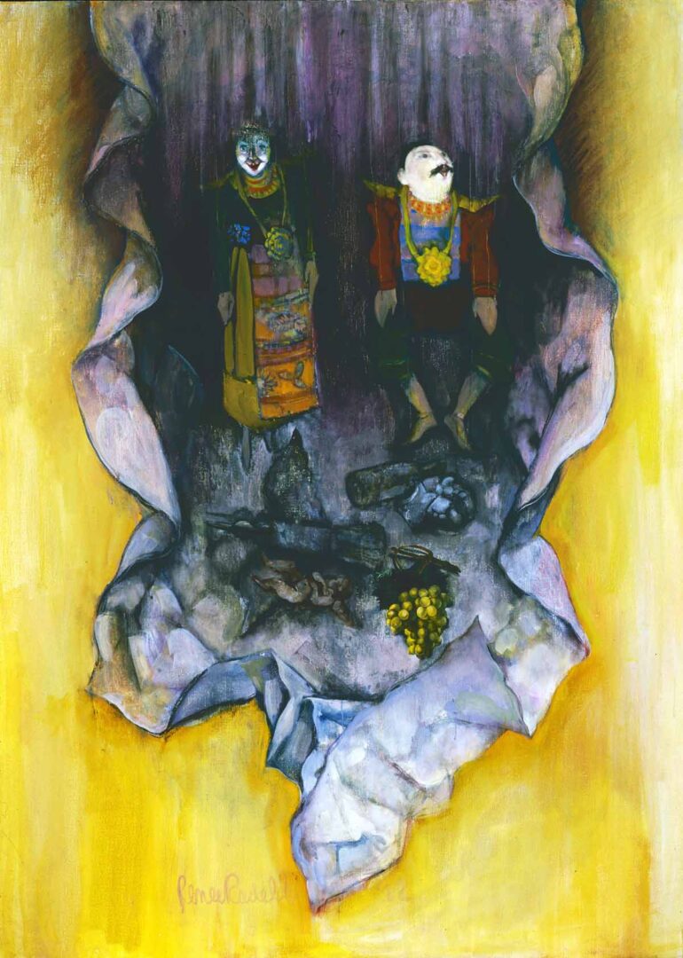 A painting of two people in an open cave