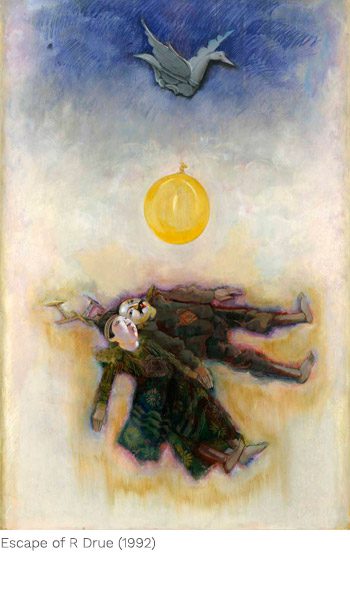 A painting of two people falling down