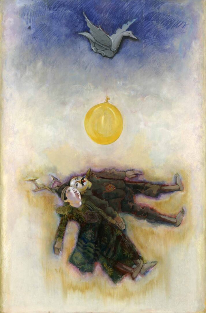 A painting of two people falling down