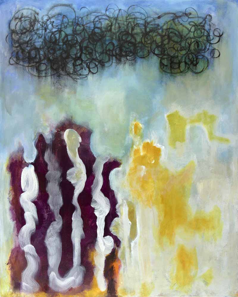 A painting of a yellow and purple abstract scene.