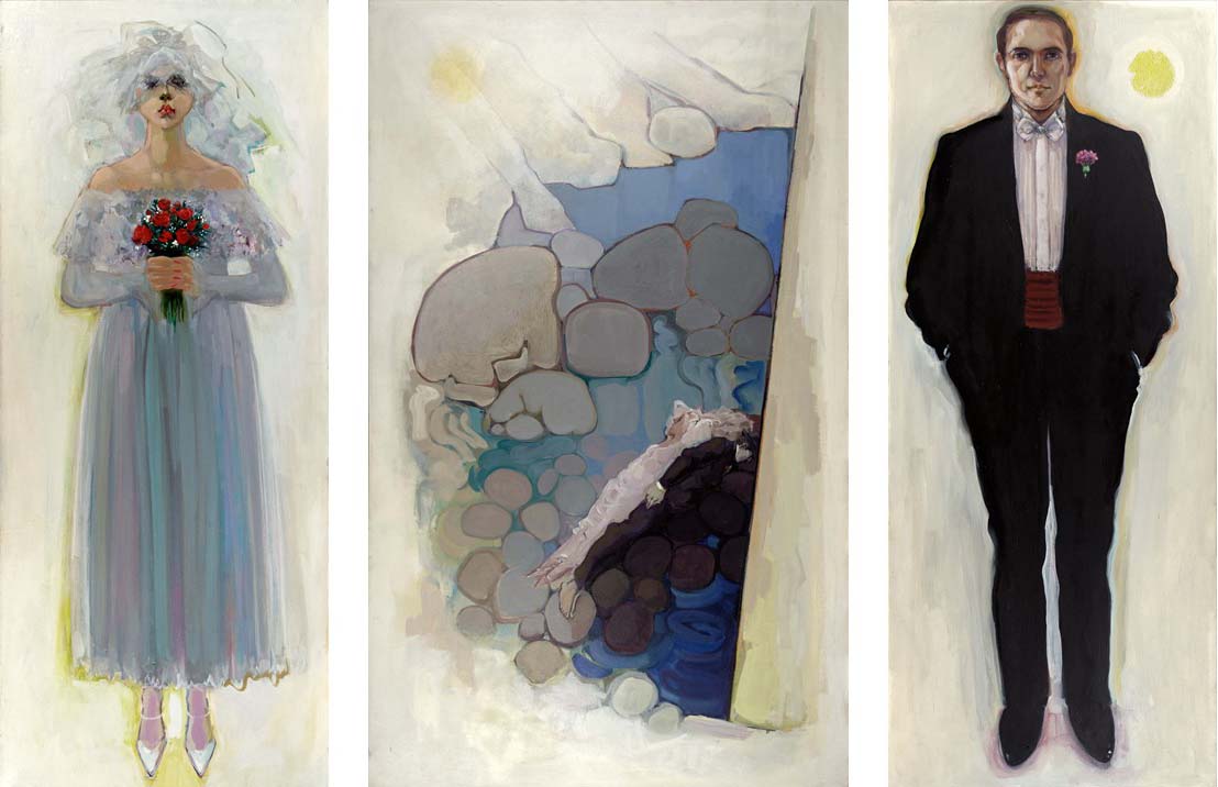 Three paintings of people in a room.