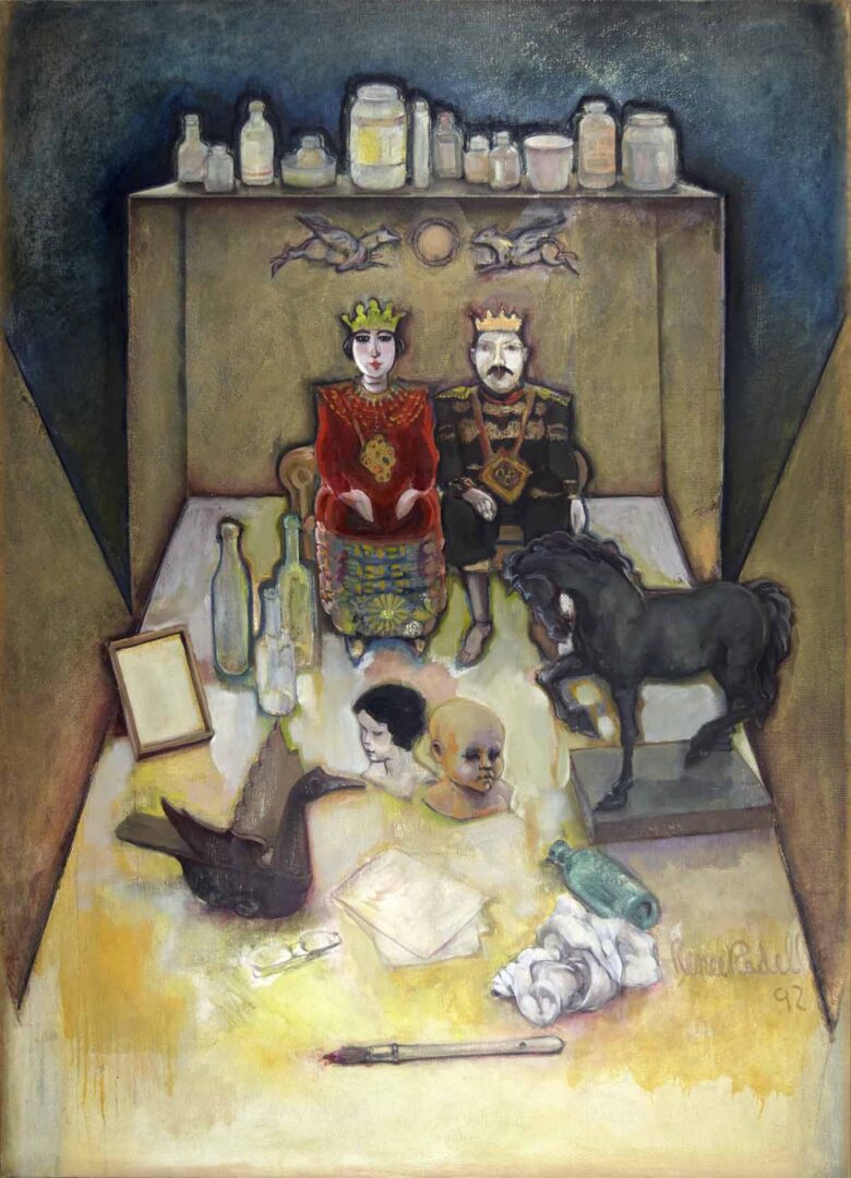 A painting of two people sitting on chairs