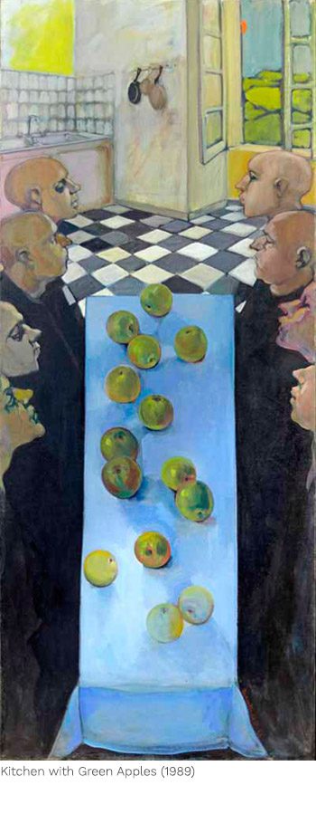 A painting of apples on a table