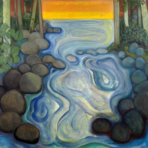 A painting of water and rocks in front of trees.