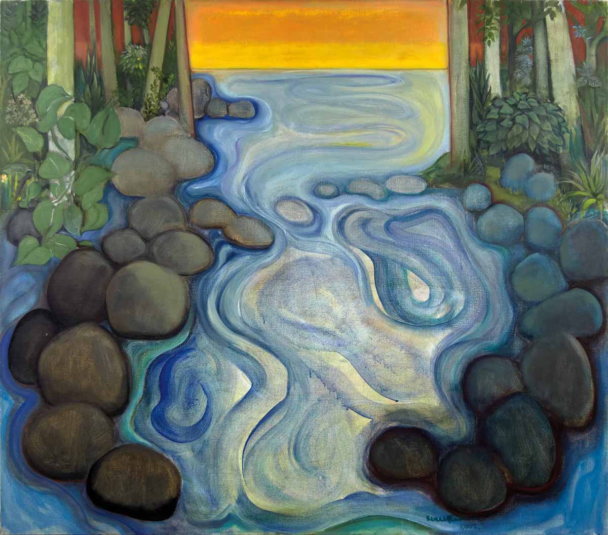 A painting of water and rocks in front of trees.