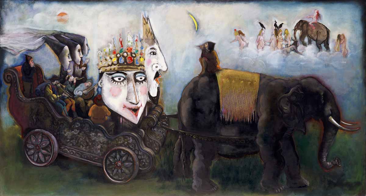 A painting of two people and an elephant