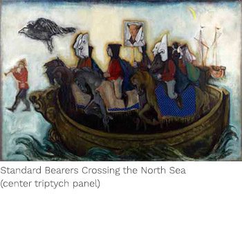 A painting of people in a boat with horses.