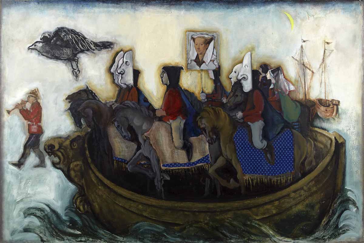 A painting of people on horses in a boat.