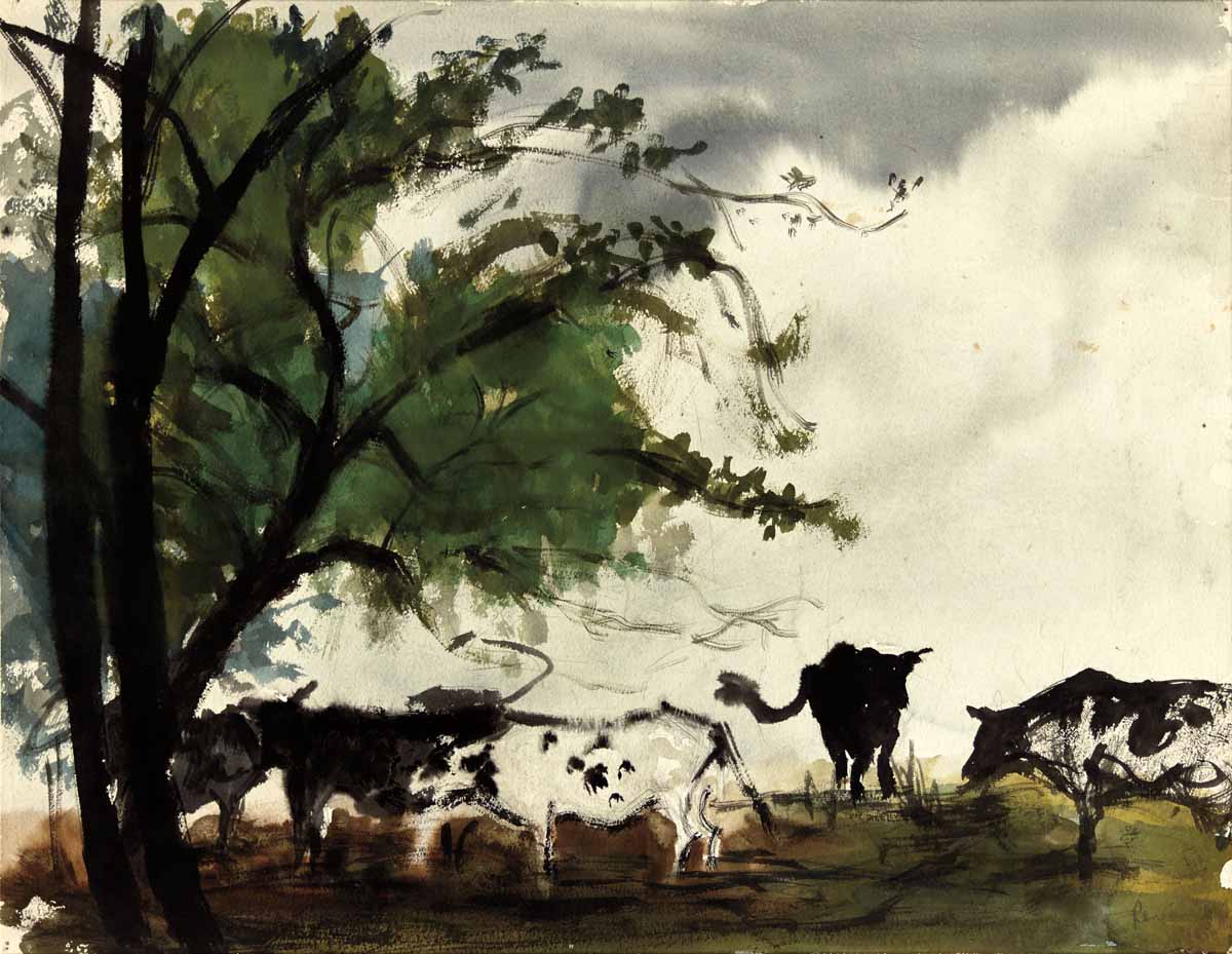 A painting of cows grazing in the pasture