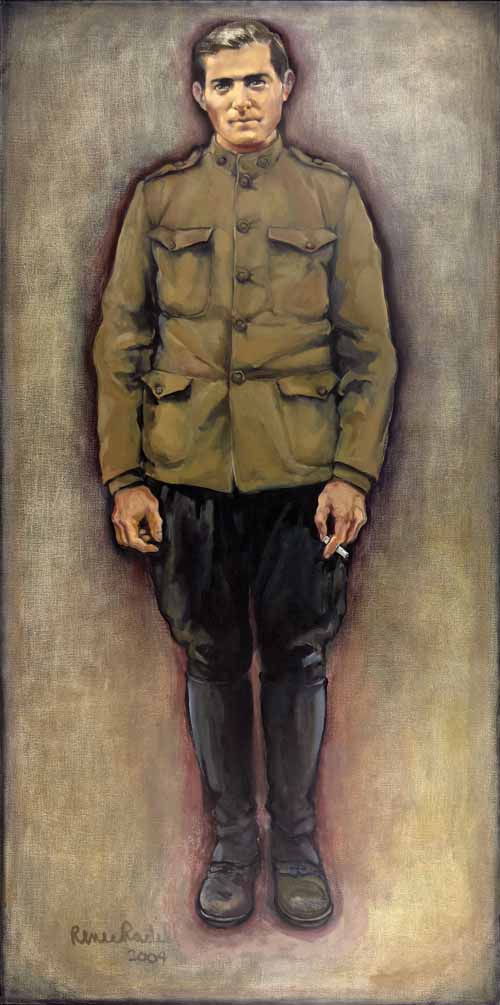 A painting of a man in military uniform smoking.