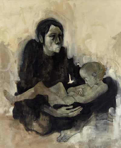 A painting of a woman holding a baby