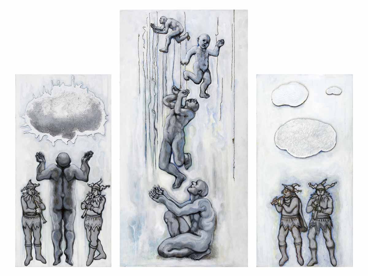 Three paintings of people and a cloud