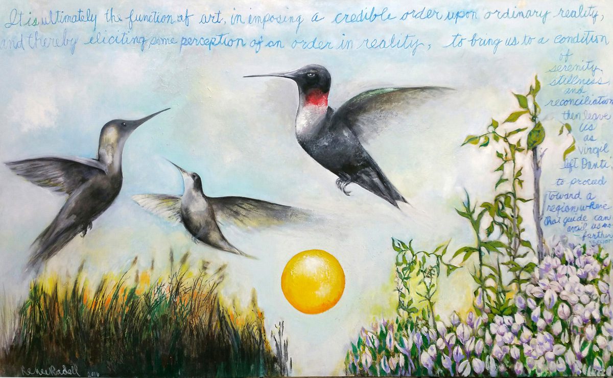 A painting of hummingbirds flying over flowers.