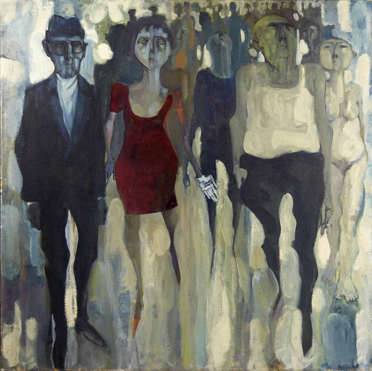 A painting of people in the street