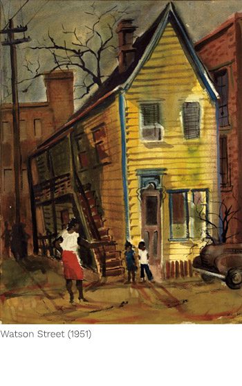 A painting of two people and a house