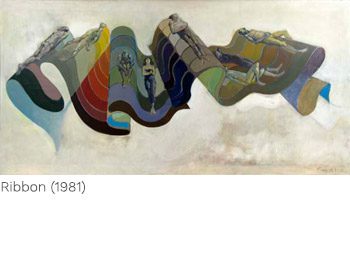 A painting of various shapes and colors in the shape of a wave.