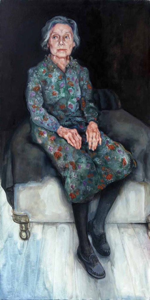 A painting of an older woman sitting on a chair