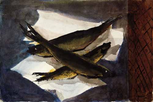 A painting of three fish on paper