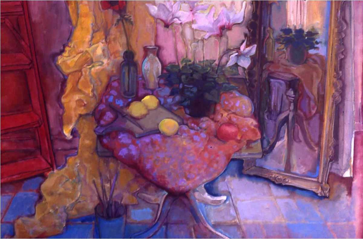 A painting of a chicken sitting on top of a table.