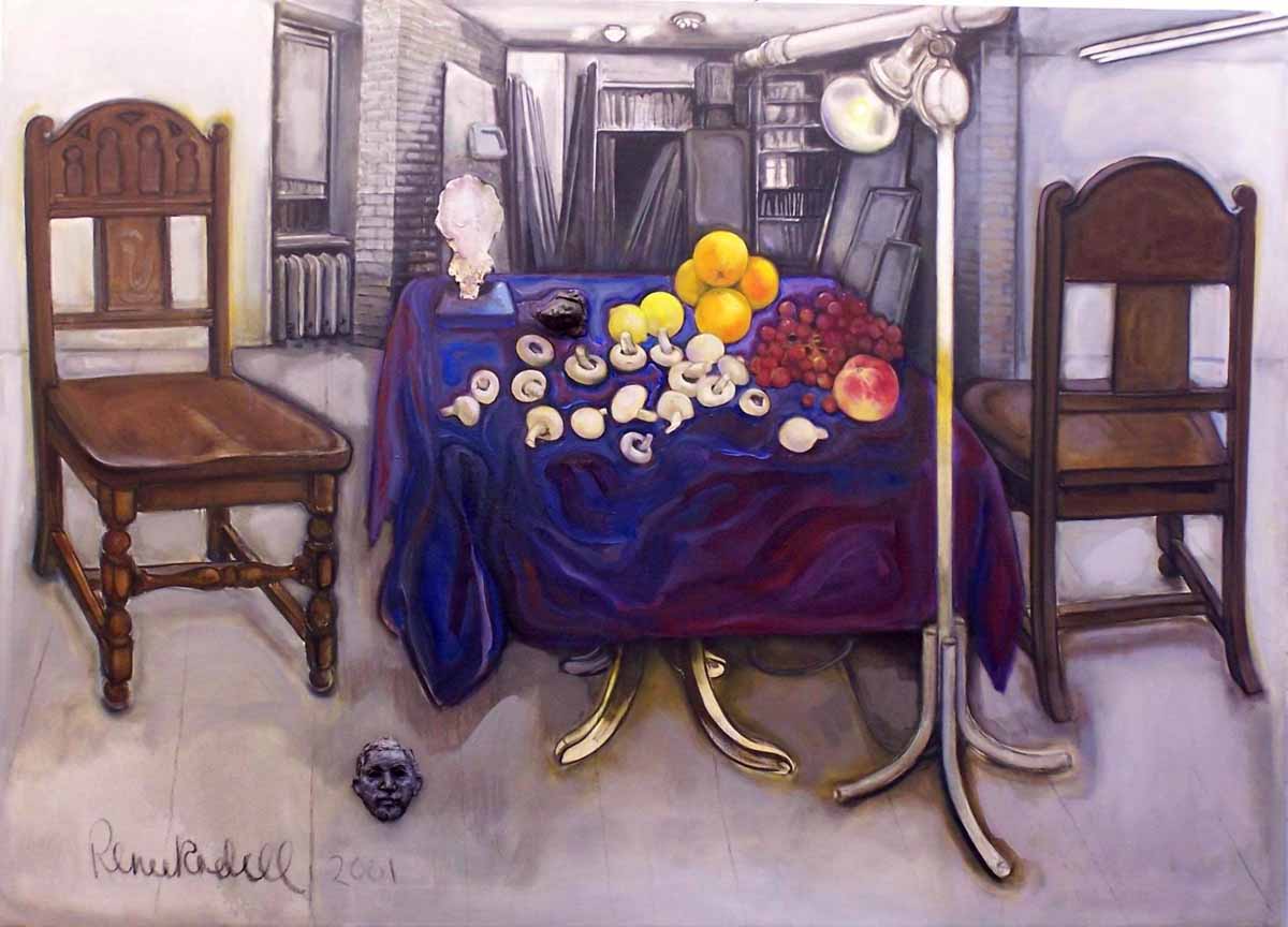 A painting of a table with fruit on it