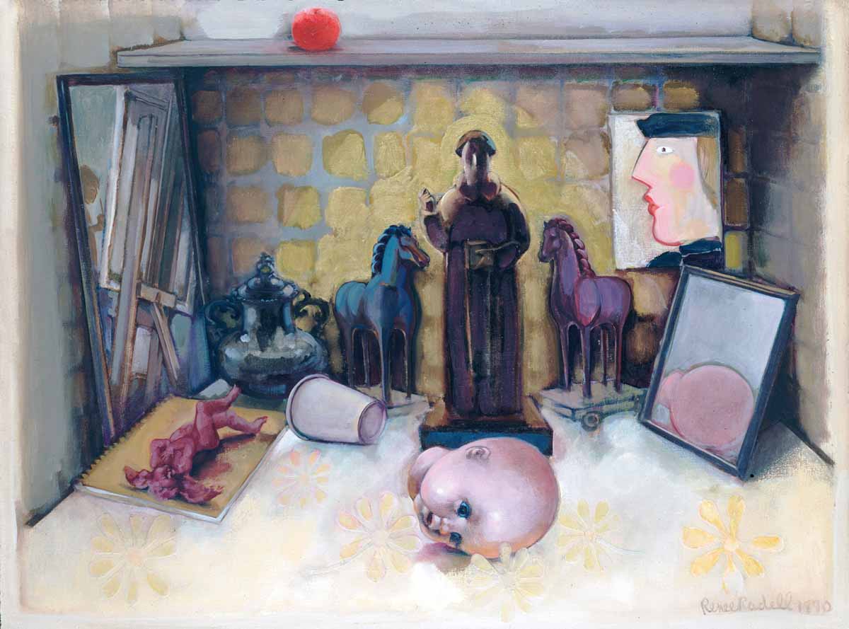 A painting of a pig and some horses