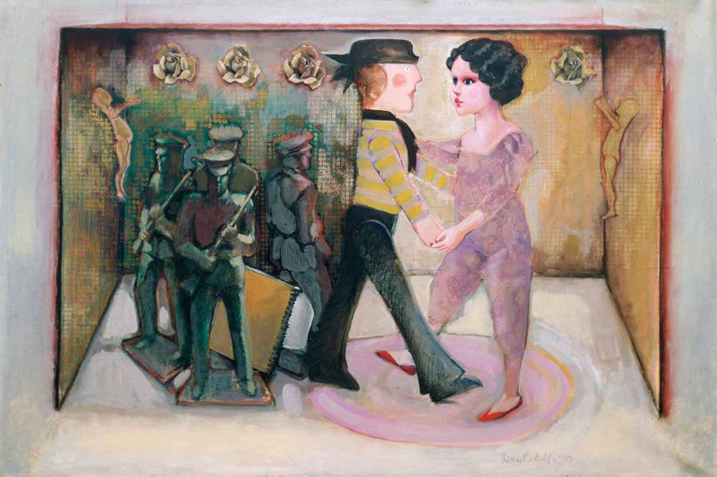 A painting of two people dancing in front of other people.