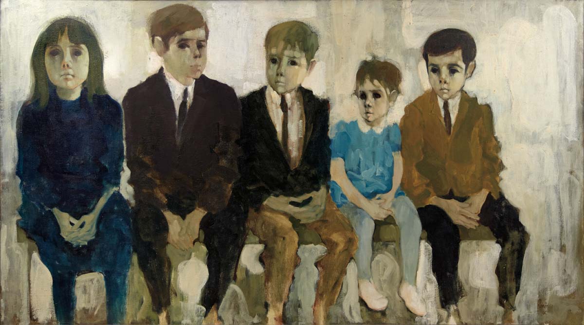 A painting of four people sitting on the ground