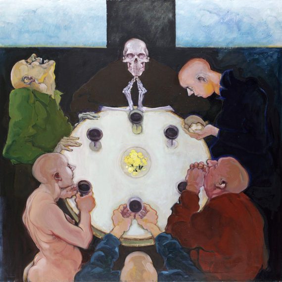 A painting of people sitting around a table