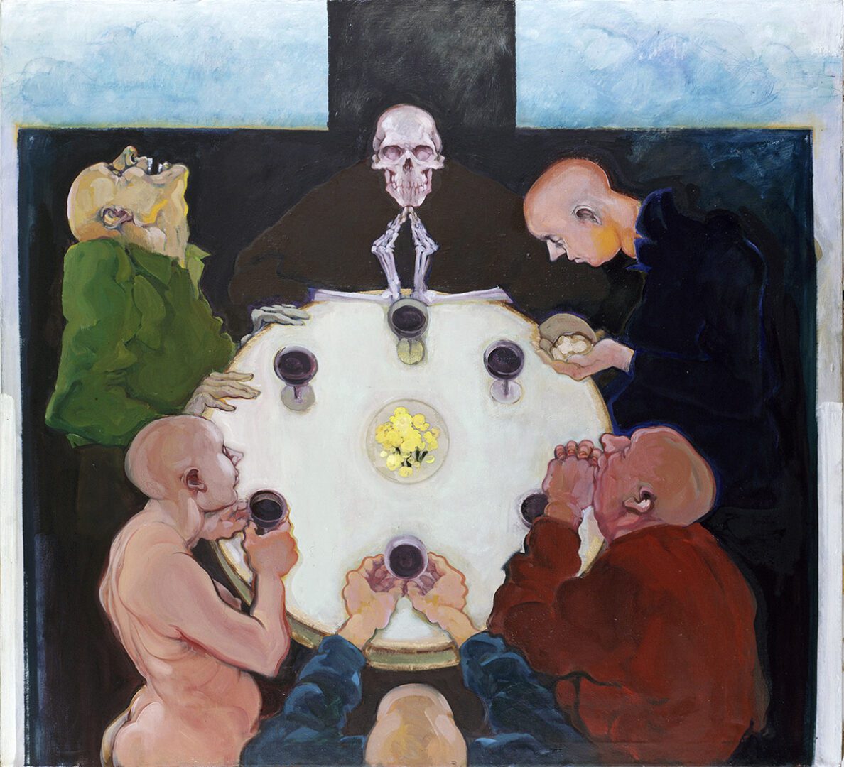 A painting of people sitting around a table