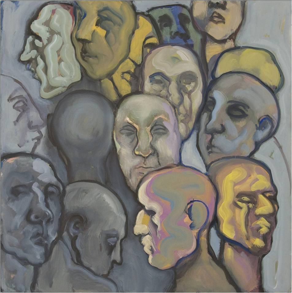 A painting of many different faces in the same color scheme.