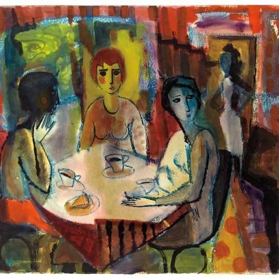 A painting of three people sitting at a table