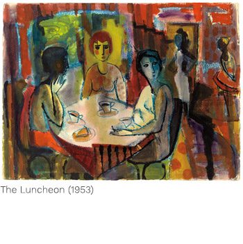 A painting of people sitting at a table