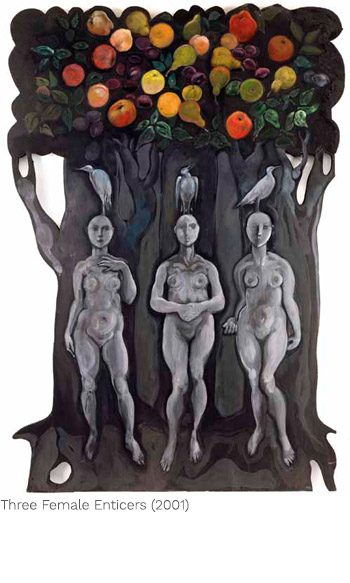 Three naked women are standing in front of a tree.