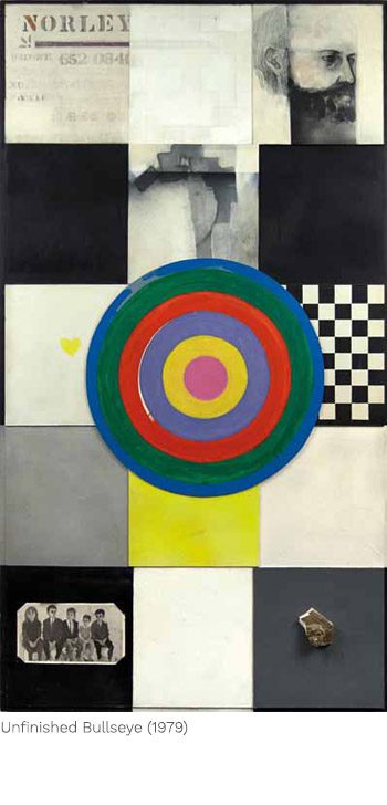 A painting of a colorful circle and squares.