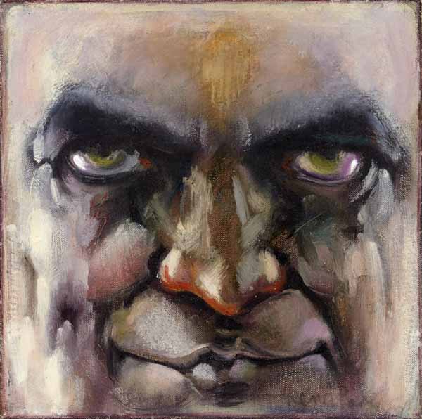 A painting of an angry face with brown eyes.