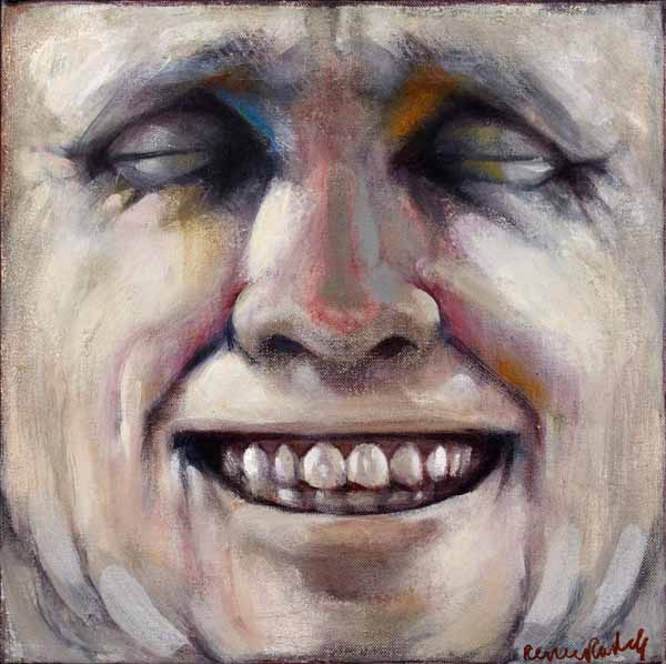 A painting of a man 's face with white and yellow makeup.