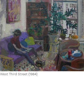 A painting of two people sitting on a purple couch