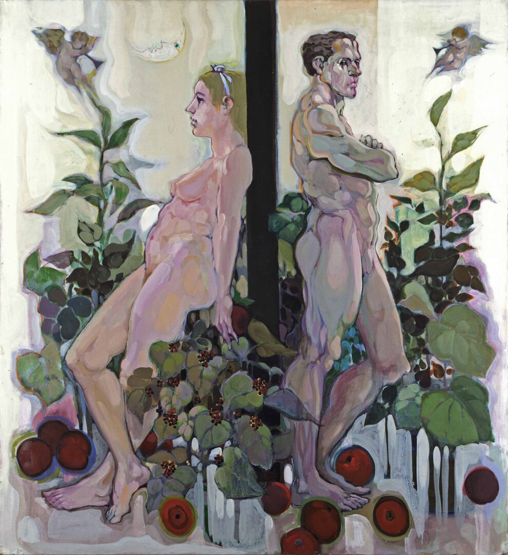 Two naked men standing next to each other.