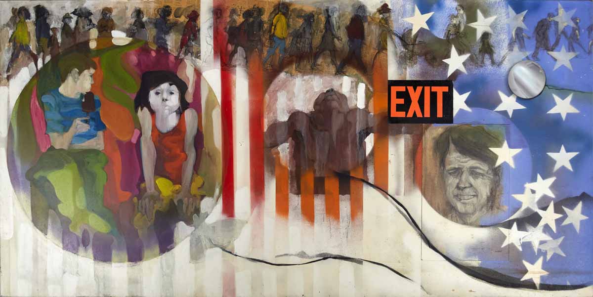 A painting of an exit sign and people