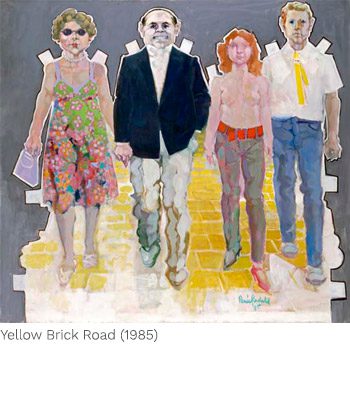 A painting of people standing on the sidewalk.